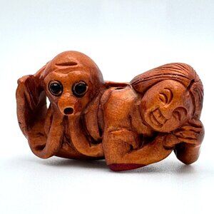 Ojime Bead Netsuke Mermaid and Octopus Hand-Carved Boxwood  Signed Figurine